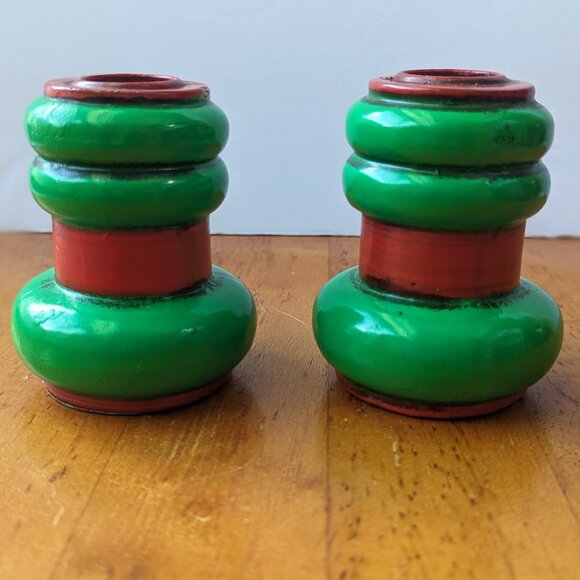 Vintage Fitz and Floyd Japan Candle Holder Christmas Green Red matching pair - Picture 1 of 7